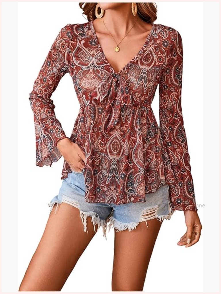Bell Sleeve Sheer Mesh V Neck Ruffle Peplum Blouse Top Tie Front